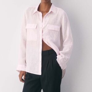 Saks Fifth Avenue 100% Linen Light Pink Button-Up Utility Shirt Size Large